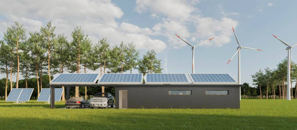 Çeşitli yenilenebilir enerji kaynaklarını gösteren bir kolaj: güneş panelleri, rüzgar türbinleri, hidroelektrik santrali ve biyokütle enerji tesisi