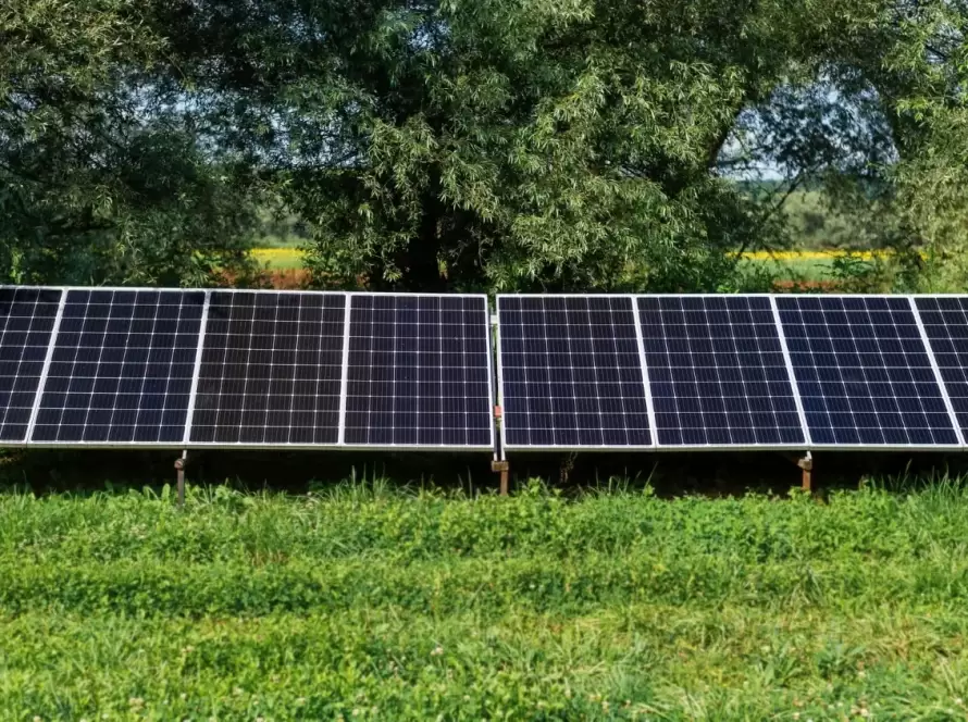 Güneş enerjisi santralinin kuşbakışı görünümü, gün ışığında parlayan paneller.