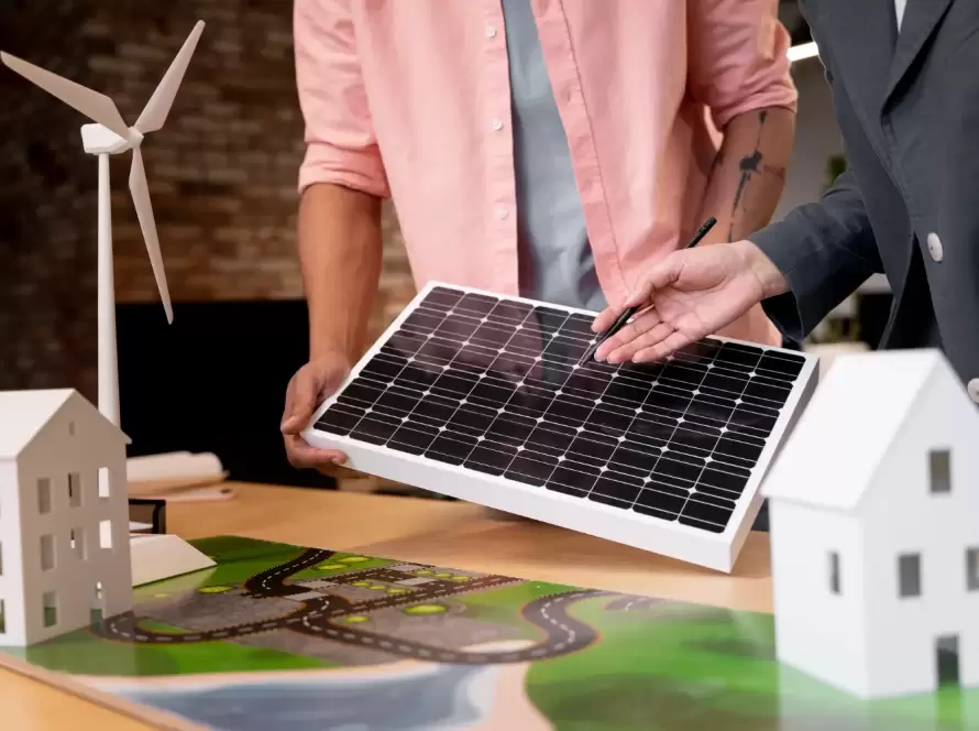 Güneş paneli yerleşim planı çizimi ve güneşin pozisyonuna göre optimize edilmiş panel dizilimi örneği.